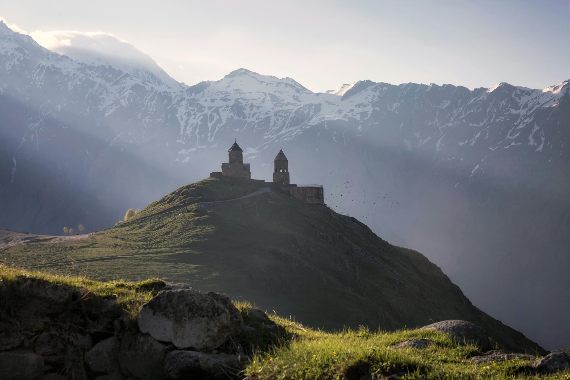 Kazbegi mountain landscape with Gergeti Trinity Church
