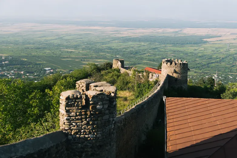 Stone fortress walls above the Alazani Valley in Sighnaghi