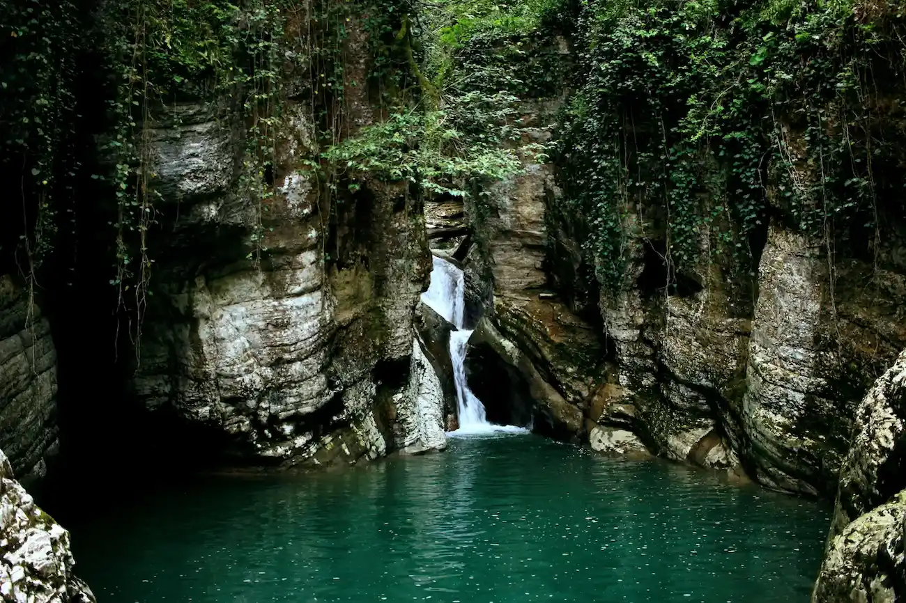 Looking out from a cave onto a sunlit green canyon