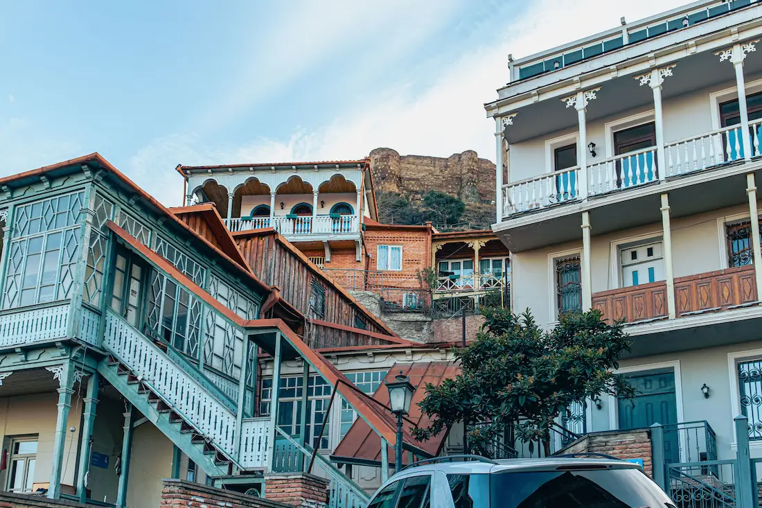 Traditional wooden houses with carved balconies in Tbilisi
